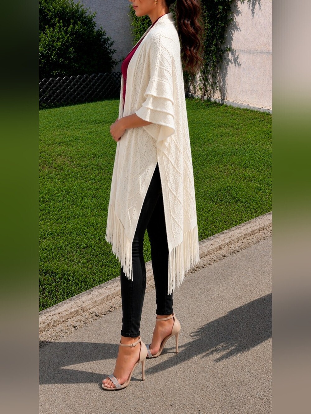 Cato Knit Open-Front Fringe Neutral Longline Drape Duster Wrap One Size Fits All